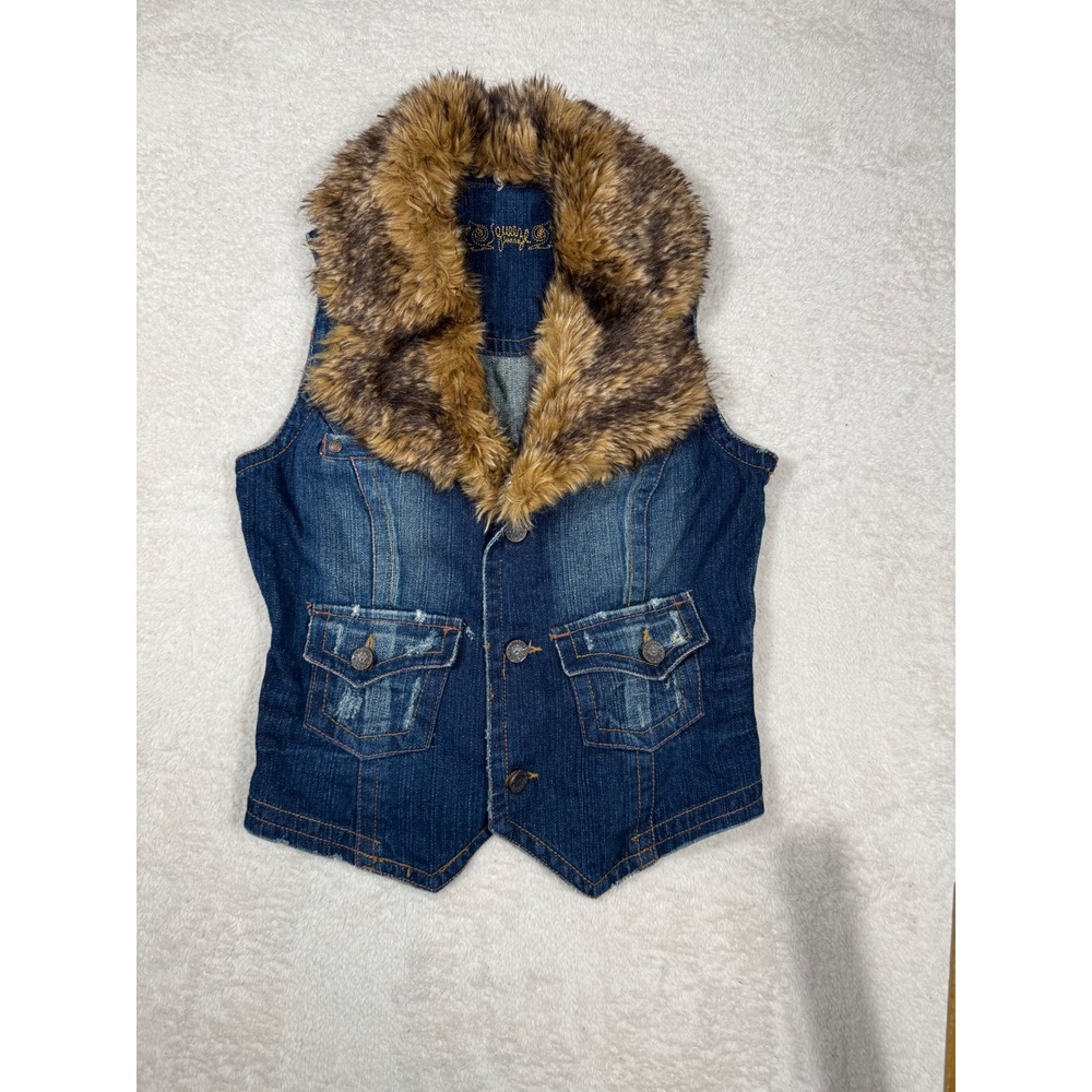 Squeeze Jeans Denim Vest Womens S Blue  Faux Fur‎ Trim Distressed Y2K Boho